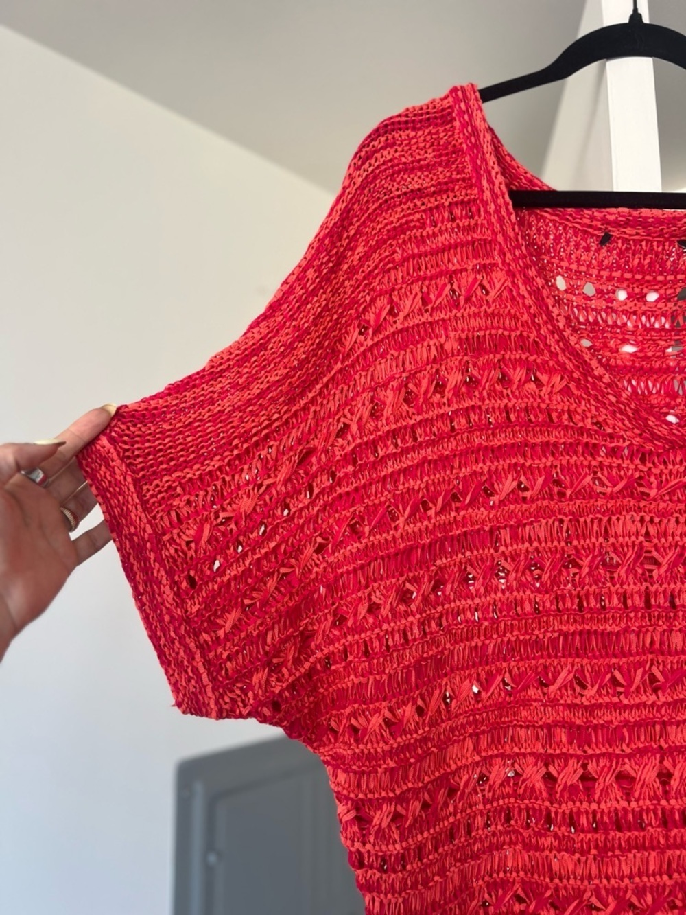 Red Knit V-Neck Openwork Sweater Top - Picture 2 of 3